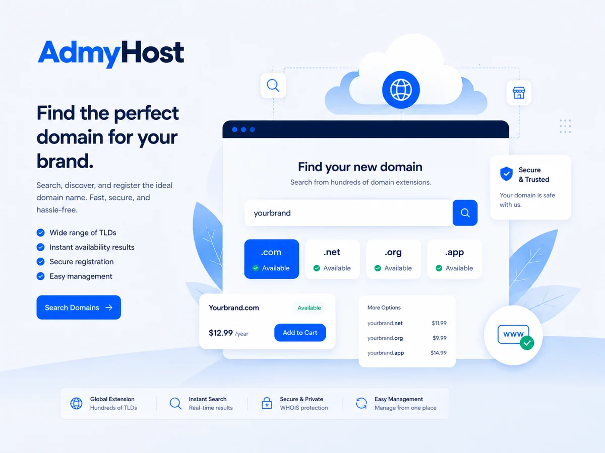 Ilustración de búsqueda, registro y gestión de dominios en AdmyHost