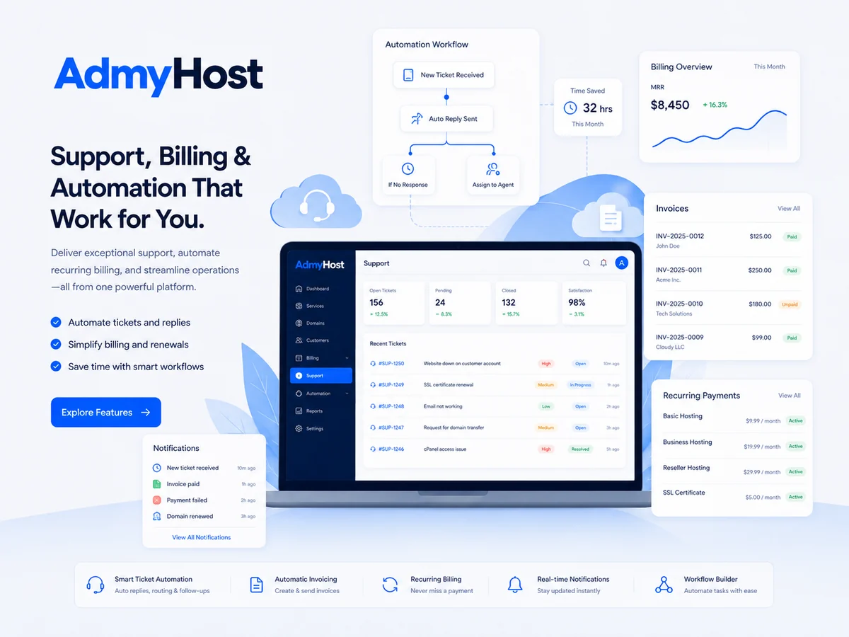 Ilustración de soporte, cobros y automatizaciones conectadas en AdmyHost